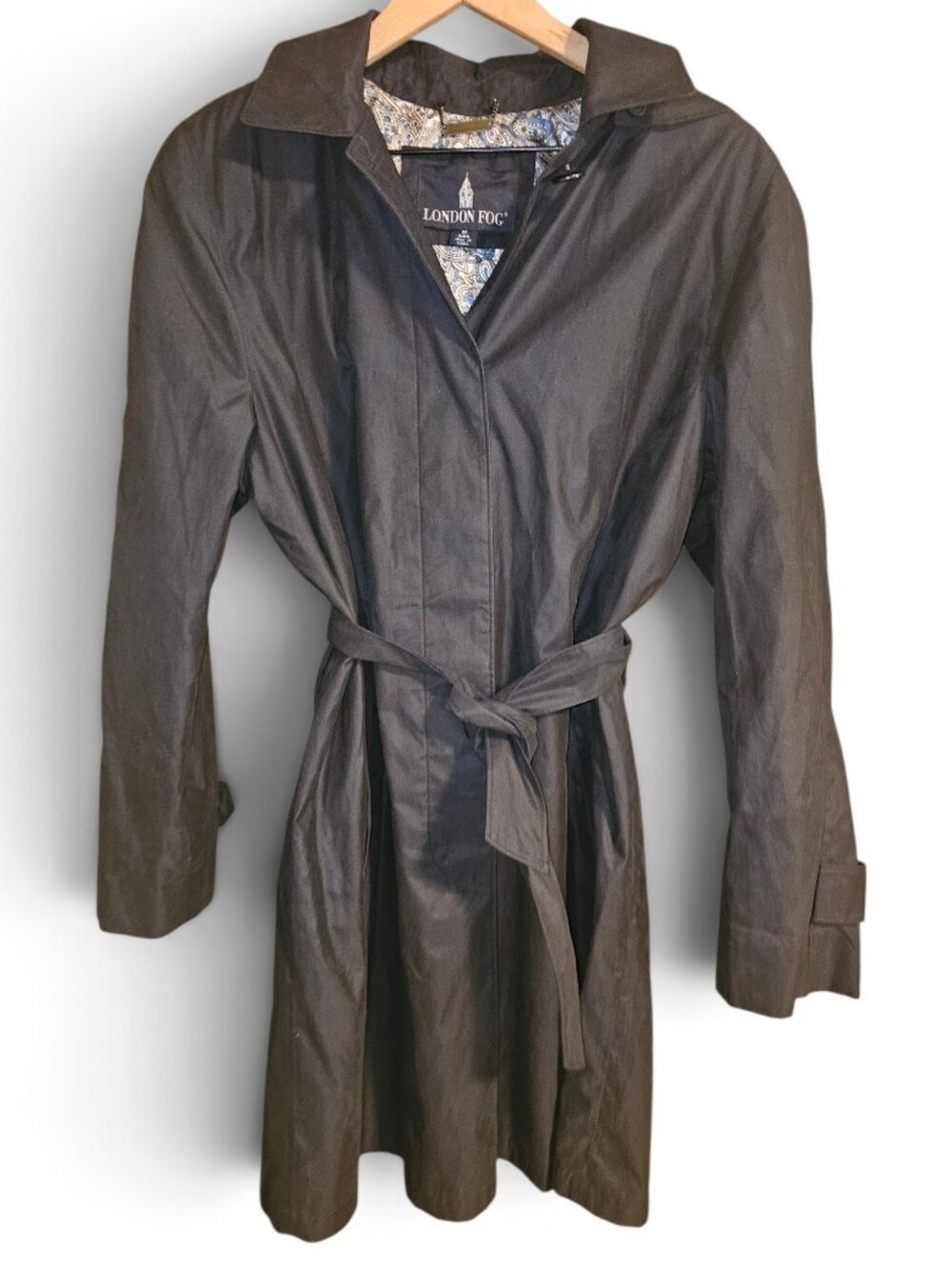 LONDON FOG Black Belted Hidden Button Hooded Trench Coat - Medium